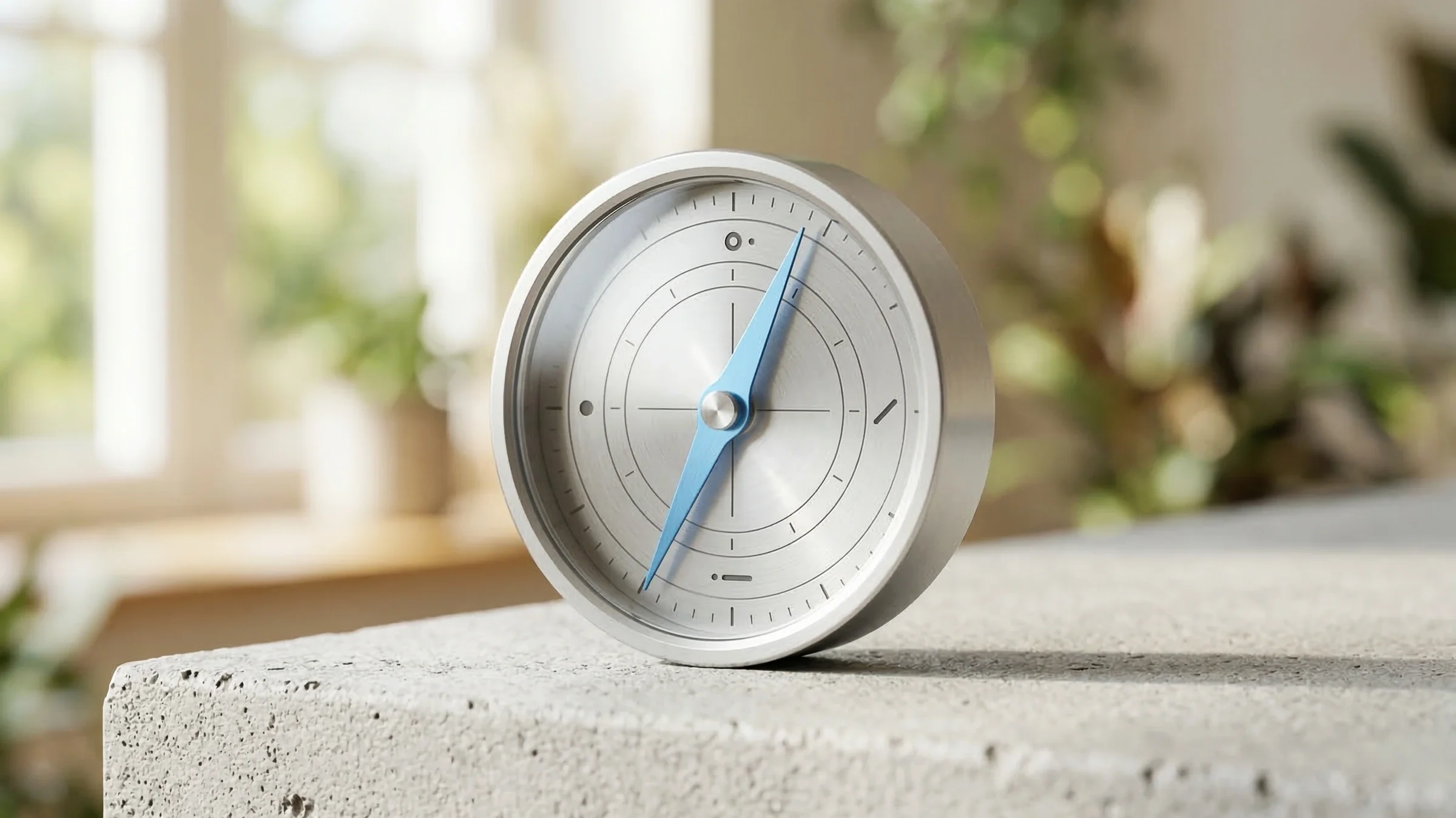 带有天蓝色指针的极简银色机械指南针，在清晨阳光下放置于混凝土台上。新手入门，避坑指南，右侧交易第一课。来源：投白马 Toubaima.com